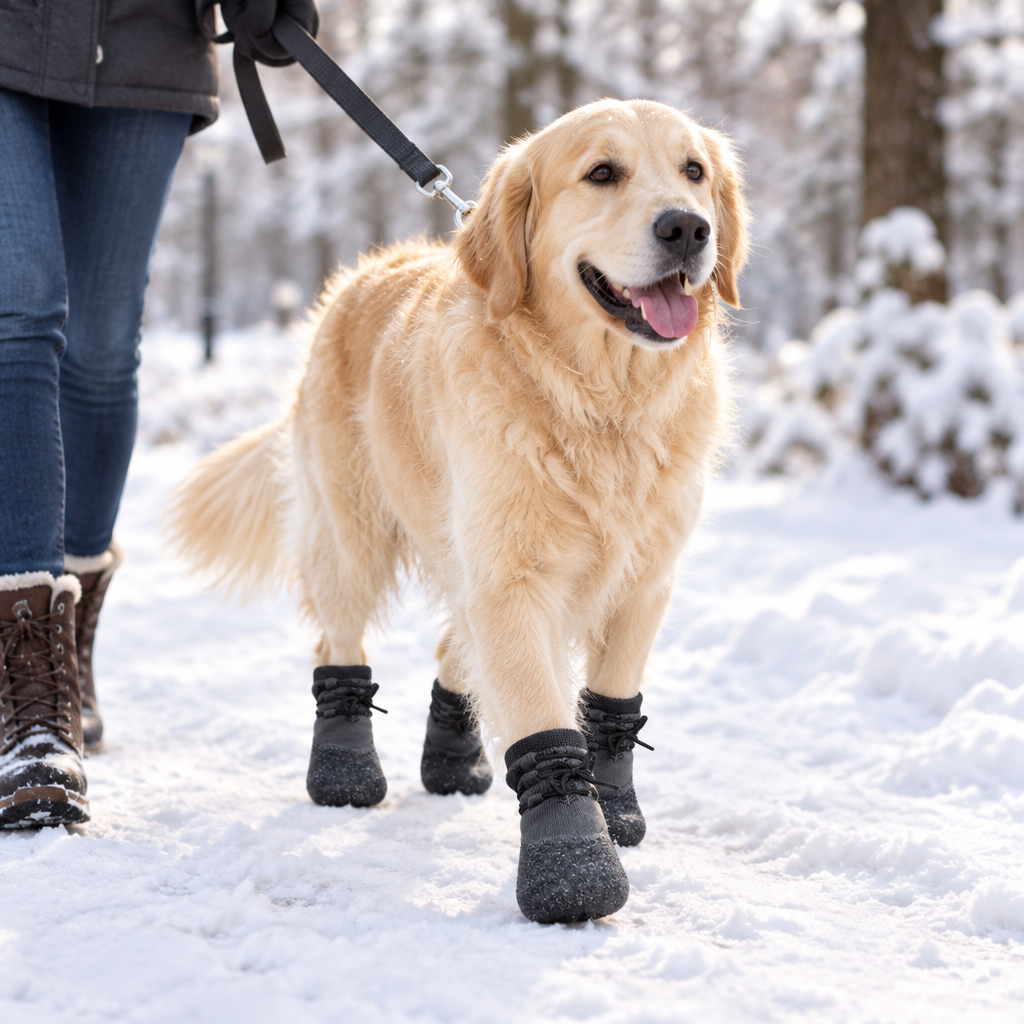 Golden retriever in the snow wearing dog boots