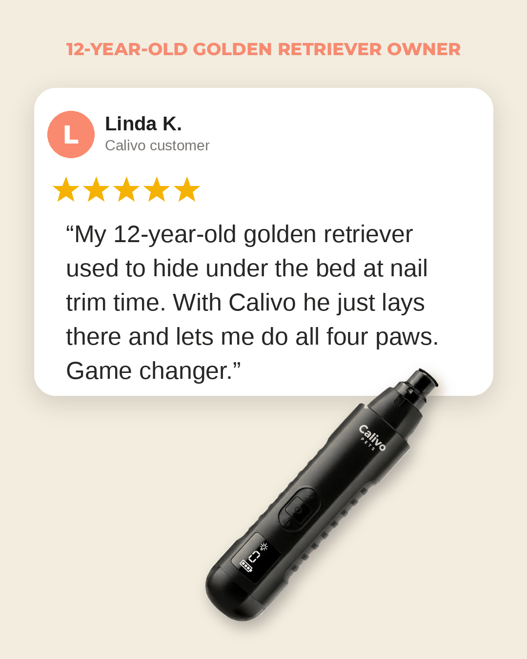 Black - Calivo customer review from Linda K., 12-year-old golden retriever owner