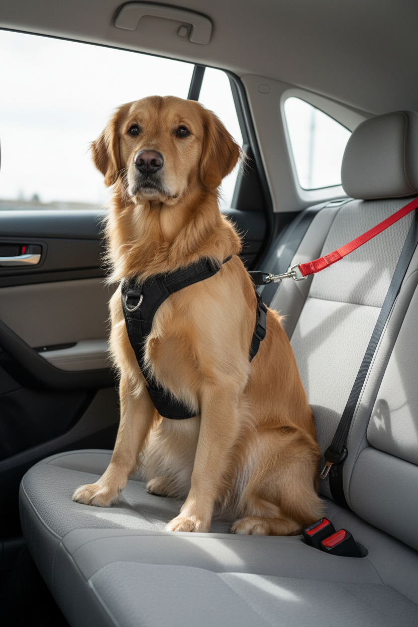 Calivo Safety Seat Belt attached to a car seatbelt buckle, showing secure clip installation