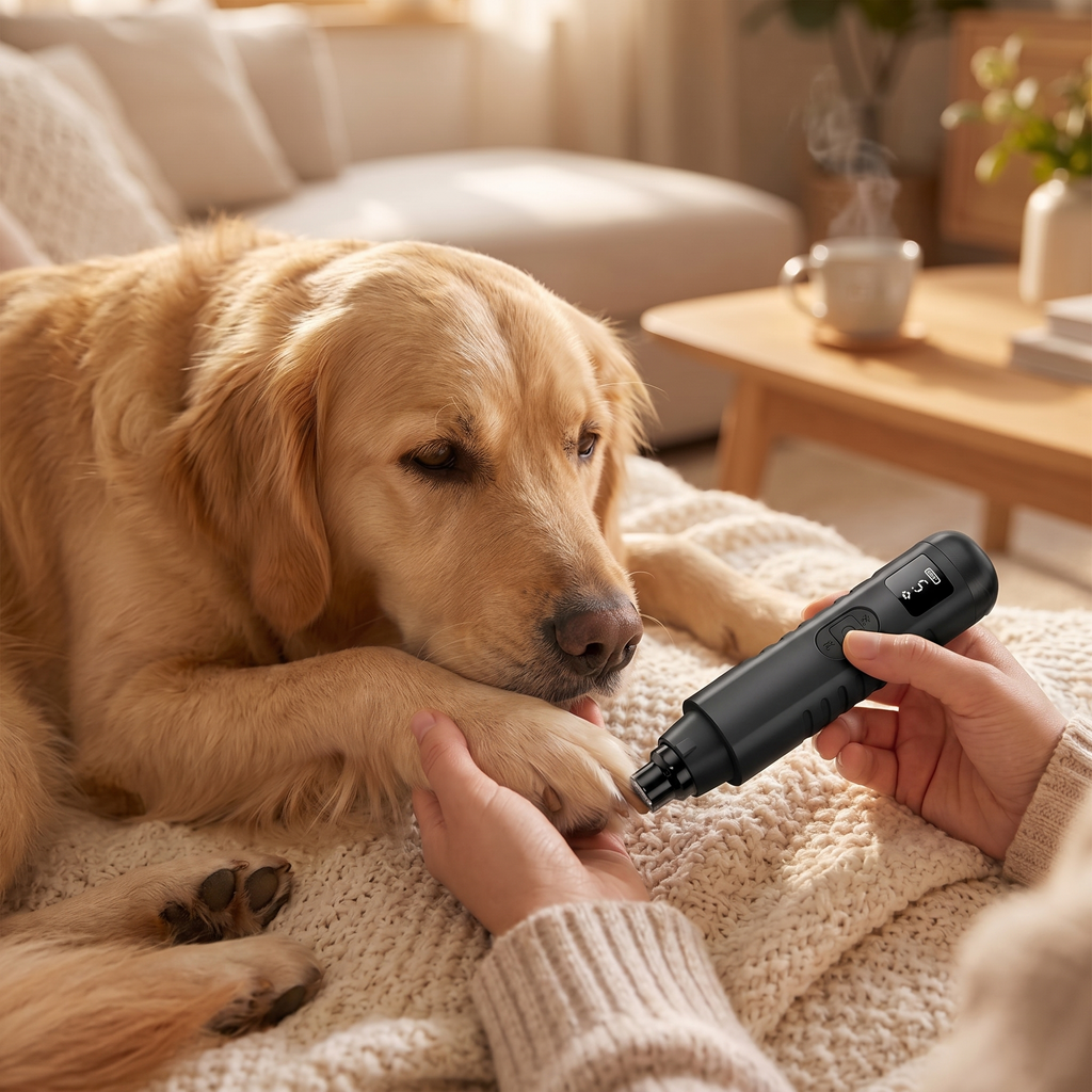 Calivo Quiet Paws nail grinder showing built-in LED guidance light