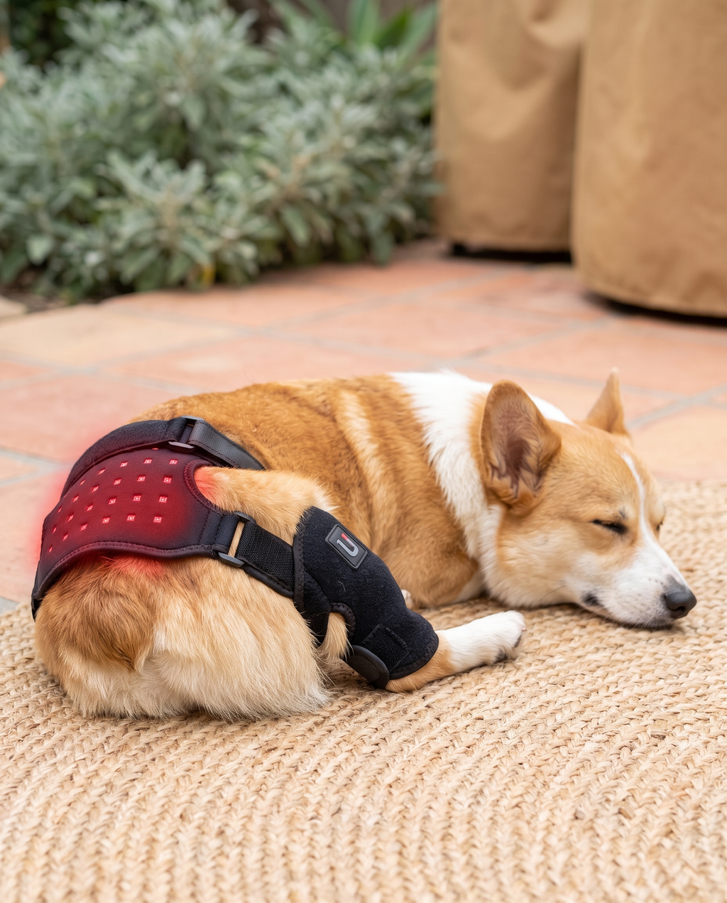 Corgi relaxing on a patio with the SteadyStep Red Light Therapy Wrap strapped around its hip