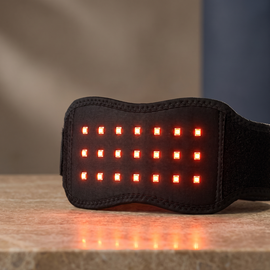 Close-up of the SteadyStep Red Light Therapy Wrap's illuminated red and infrared LED panel
