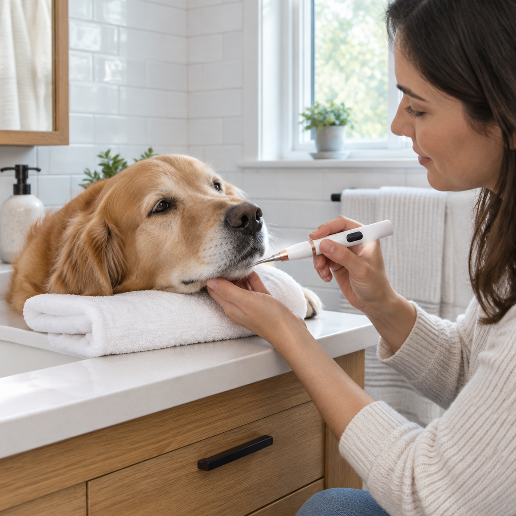 Pet teeth cleaner in a bathroom
