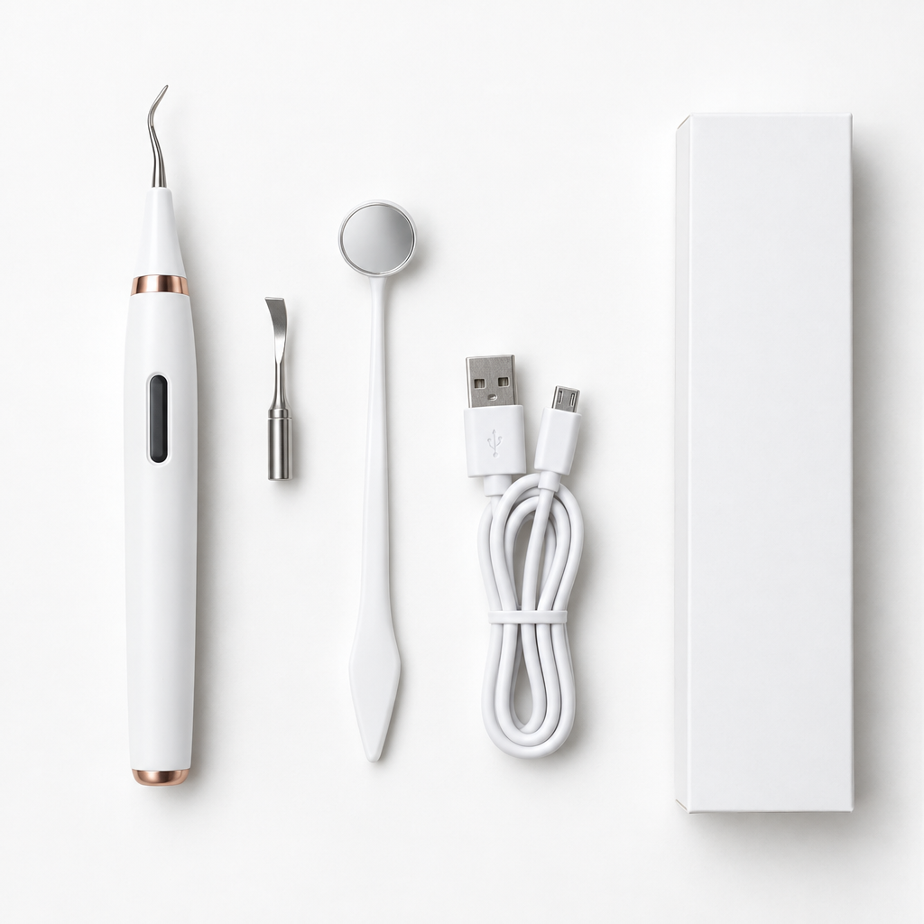 What is in the box: host, 2 cleaning heads, oral mirror, USB cable