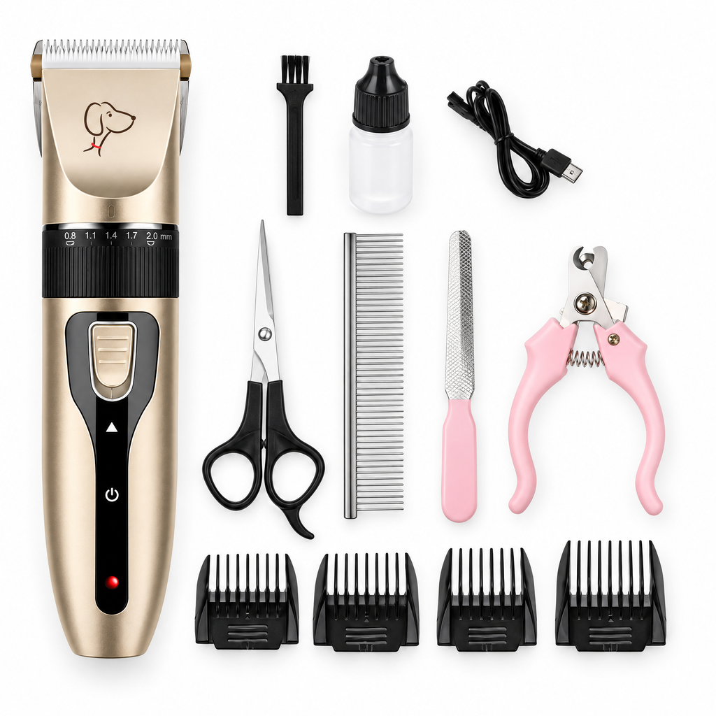 Calivo Cordless Pet Hair Trimmer Kit with guide combs, scissors, comb, nail clippers and accessories in the box
