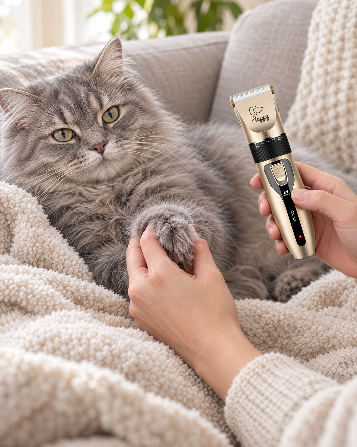 Calm grey cat on a sofa with the Calivo pet hair trimmer held safely to the side
