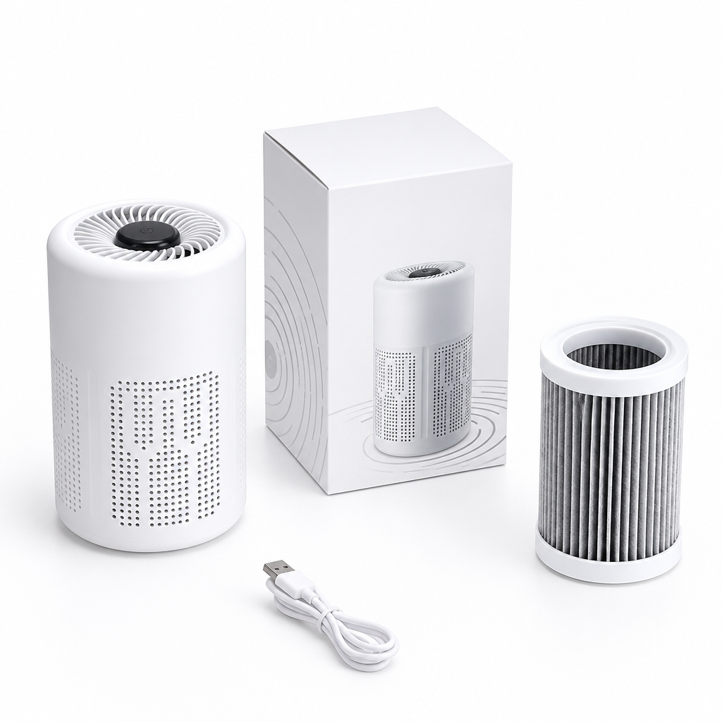 Compact USB air purifier with box, filter and USB cable