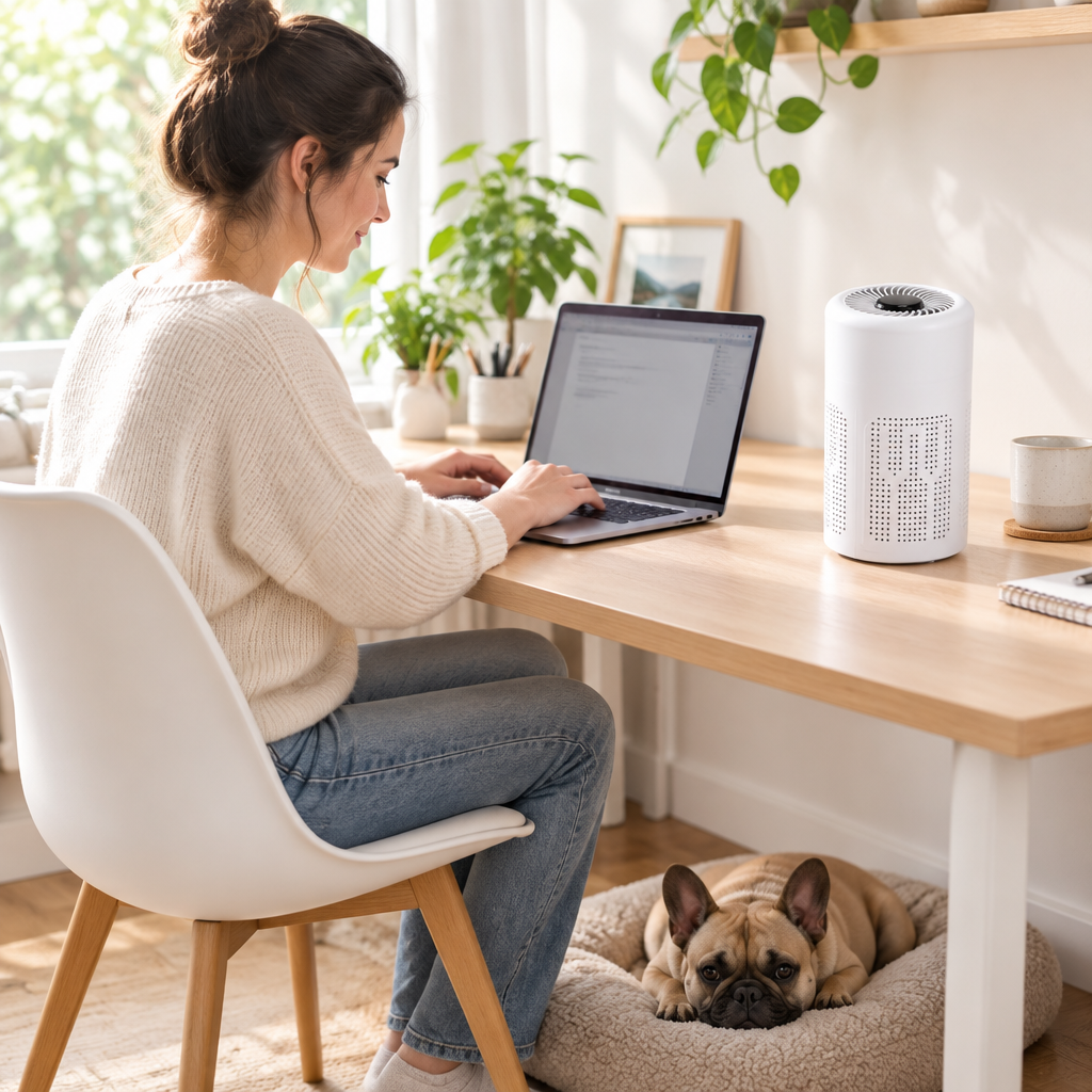 Compact USB air purifier on a home office desk with a French bulldog