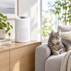 Compact USB air purifier in a living room with a cat