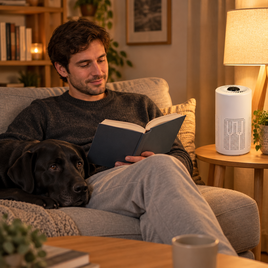 Compact USB air purifier beside a sofa with a black labrador