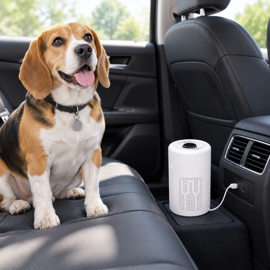 Compact USB air purifier in the car with a beagle
