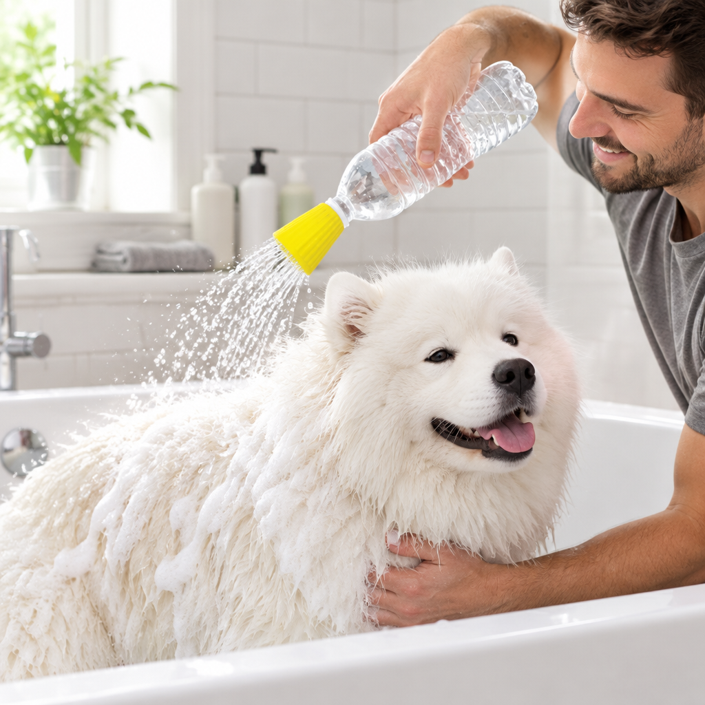 Rinsing a Samoyed in the bath