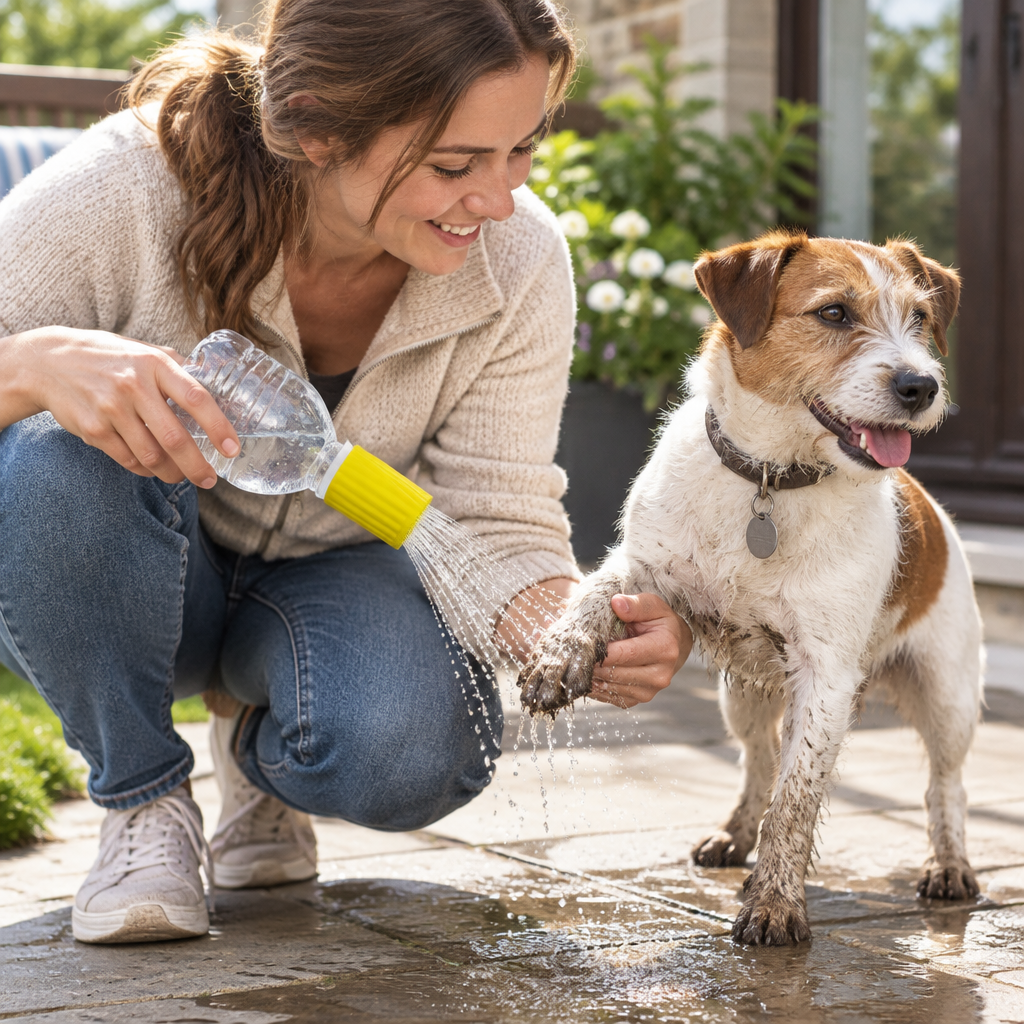 Rinsing muddy paws on a Jack Russell terrier