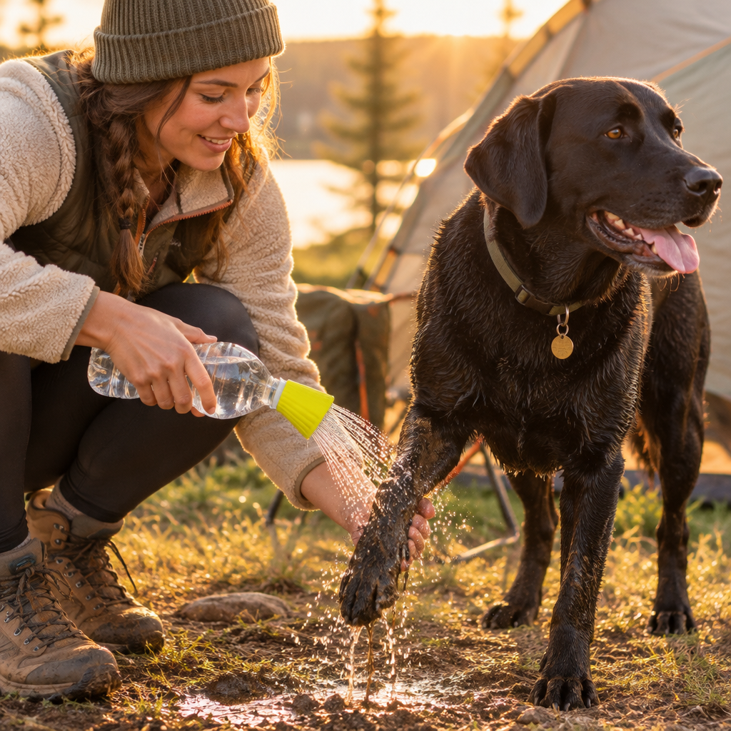 Rinsing a black labrador at a campsite