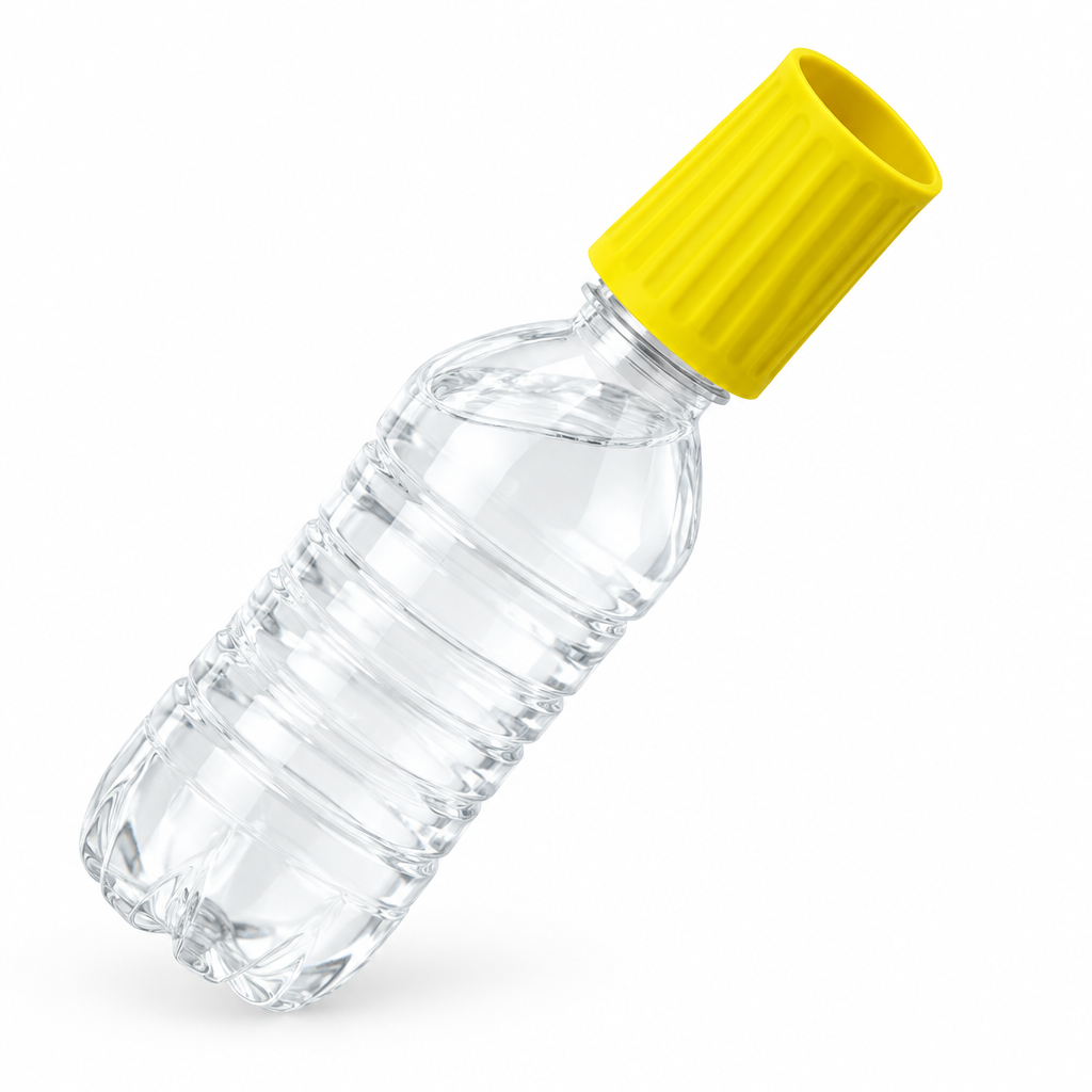 Yellow silicone pet rinse spray nozzle on a water bottle