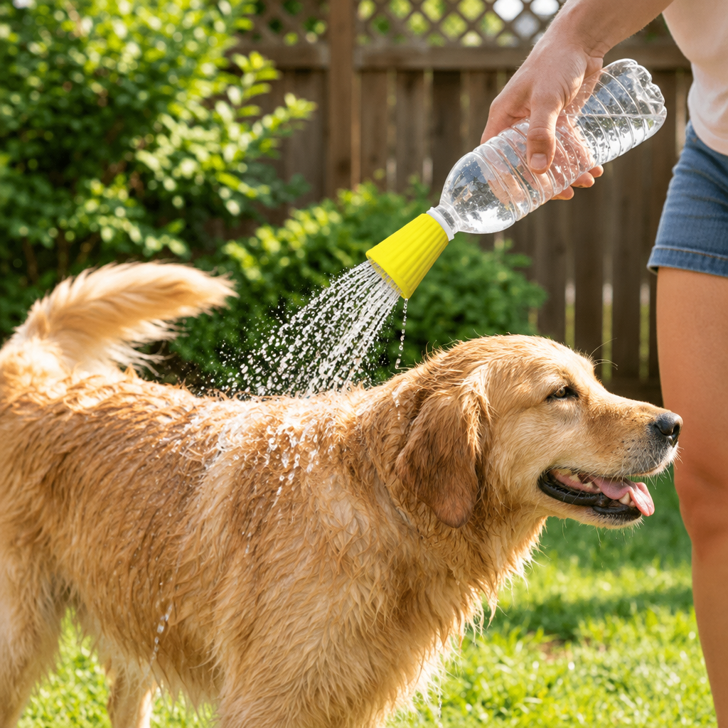 Rinsing a golden retriever with the pet rinse spray nozzle on a water bottle