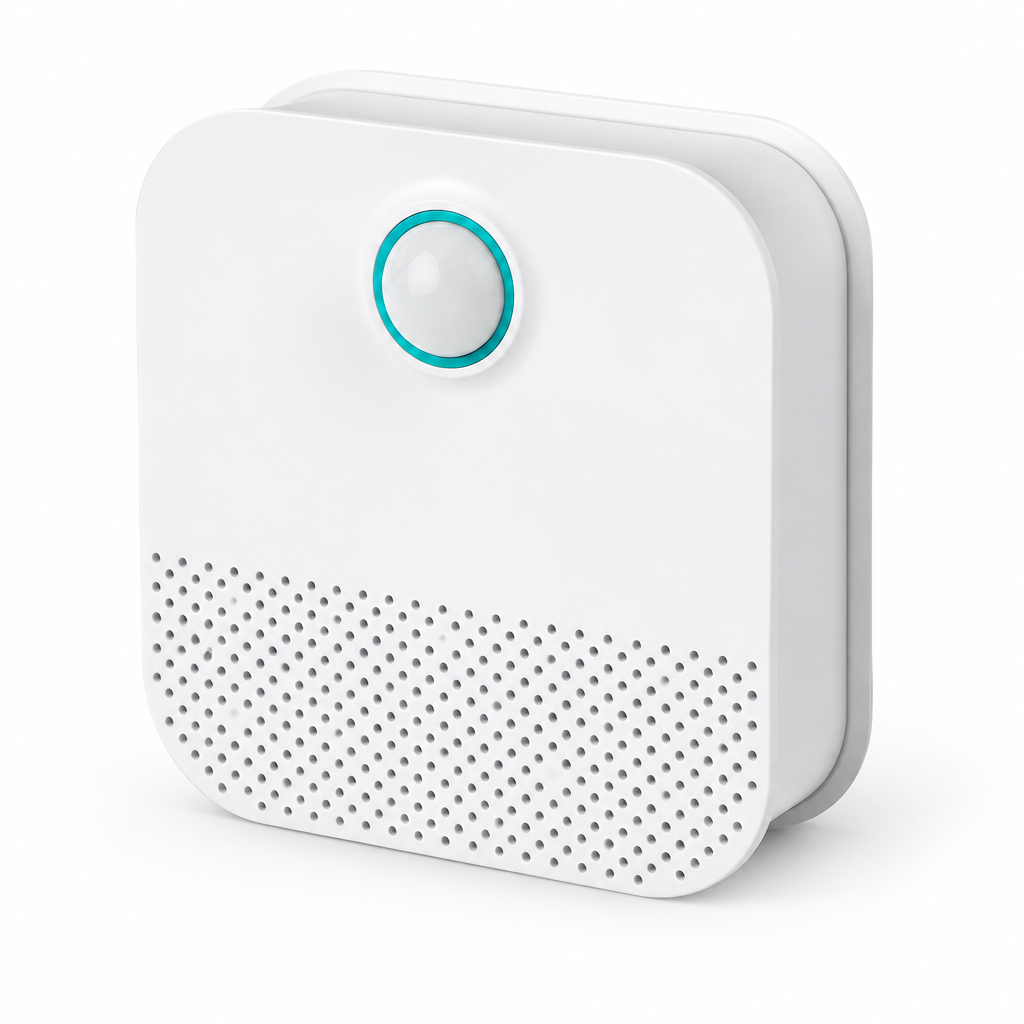 Compact white pet odour eliminator with teal ring