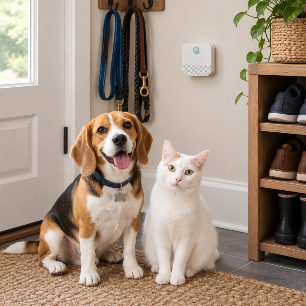 Pet odour eliminator in a mudroom with a beagle and a cat