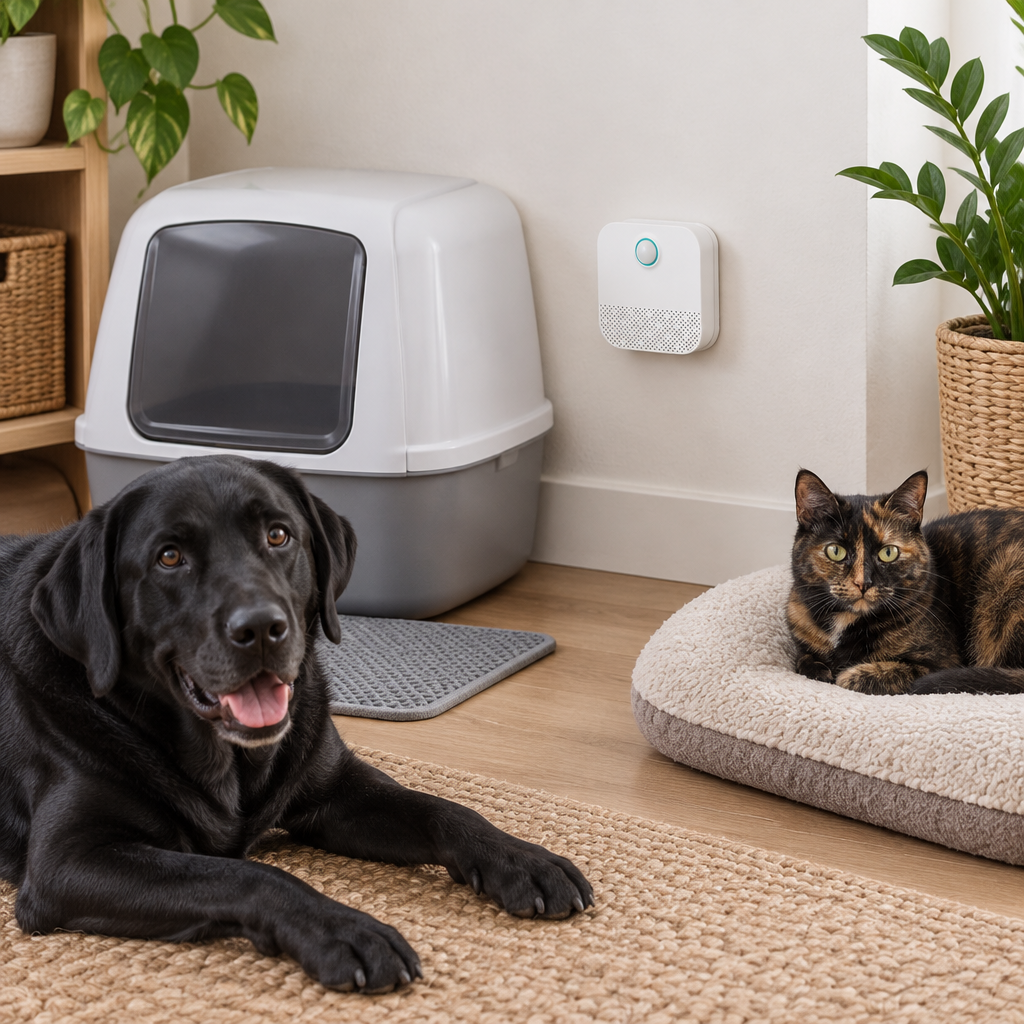 Pet odour eliminator in a pet corner with a labrador and a tortoiseshell cat