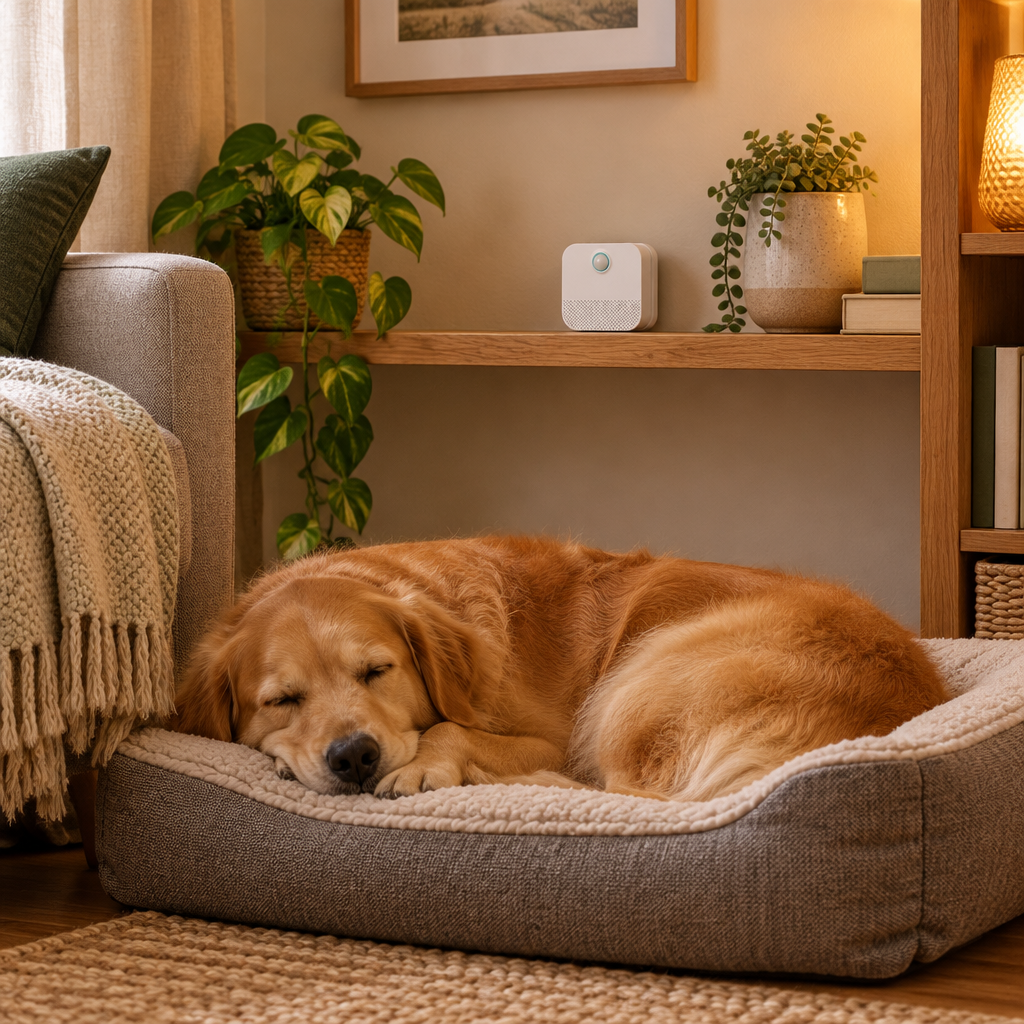 Pet odour eliminator on a shelf above a dog bed with a golden retriever