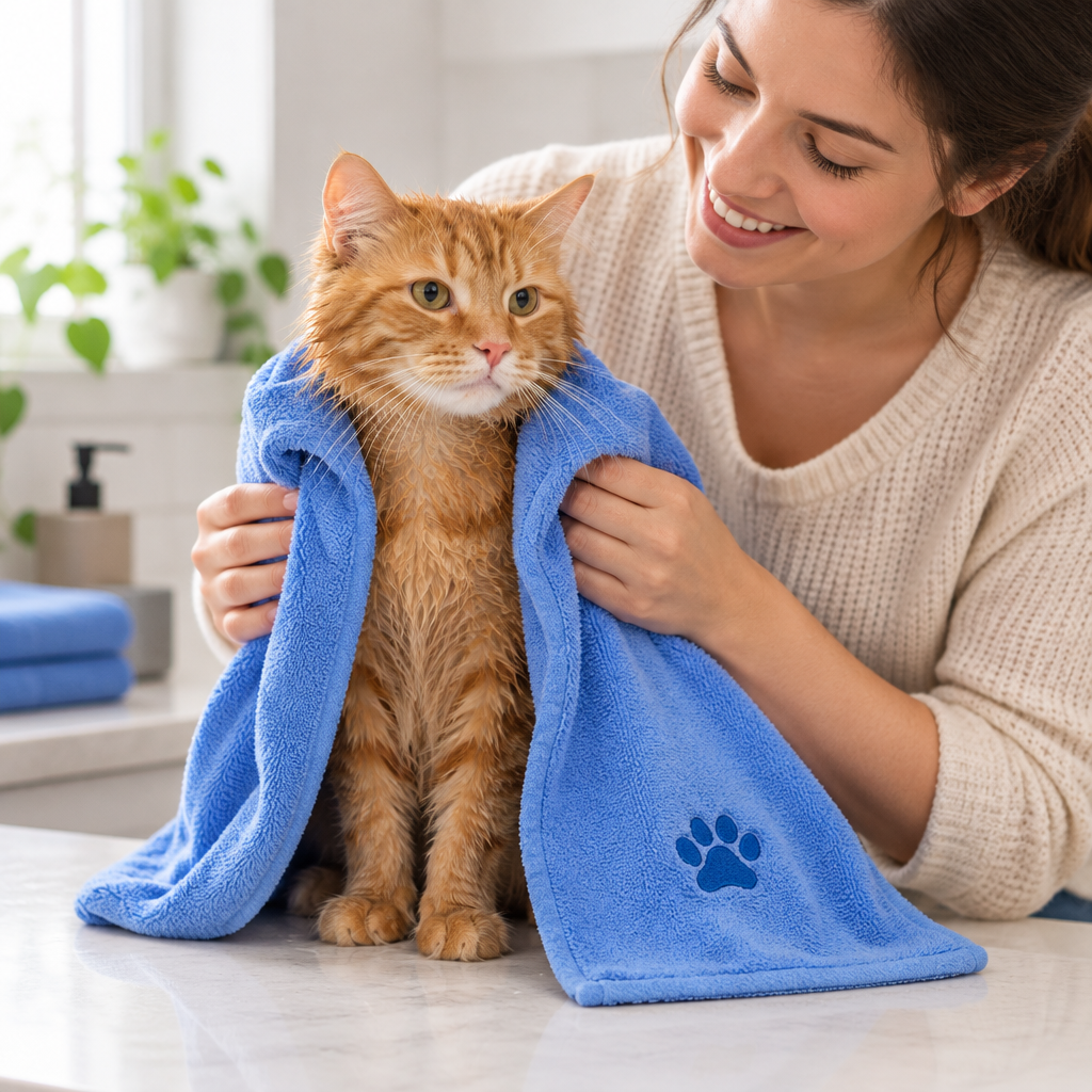 Blue towel - drying a ginger cat