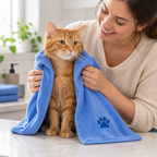 Blue towel - drying a ginger cat