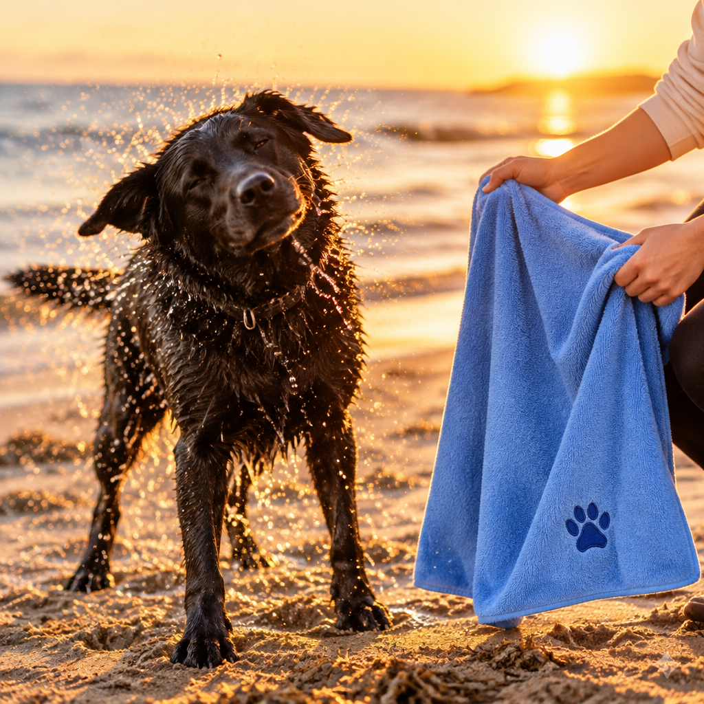 Blue towel - labrador after a beach swim