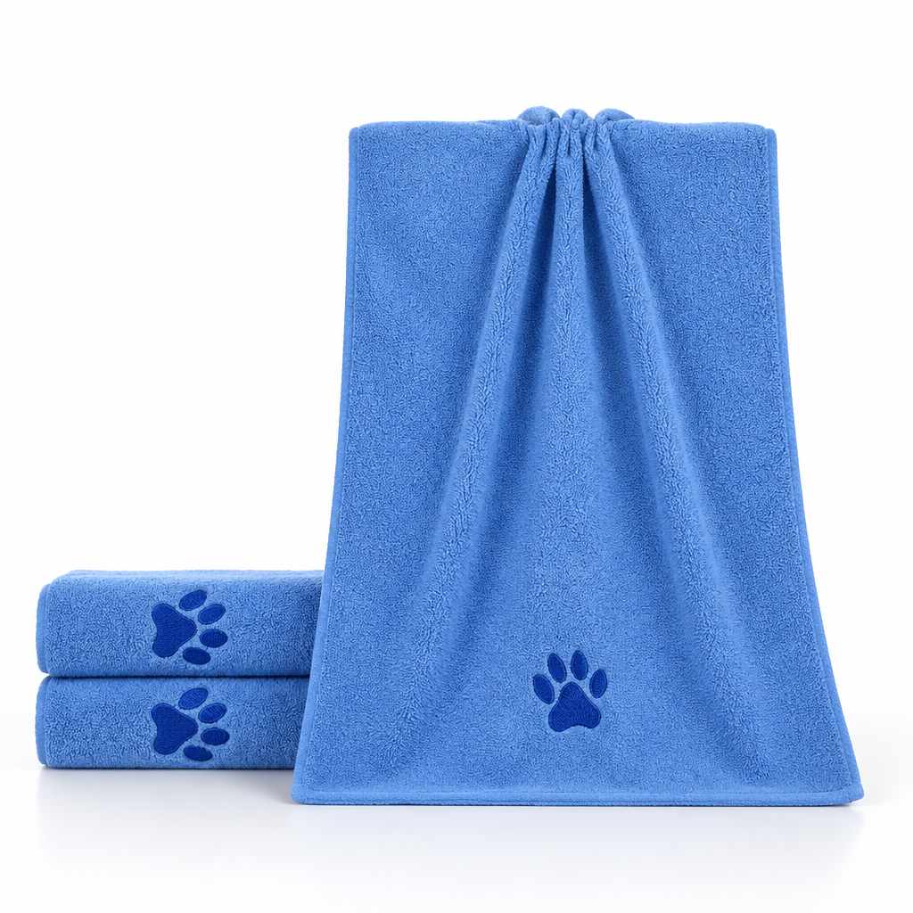 Blue towel - blue microfiber dog towel with paw print