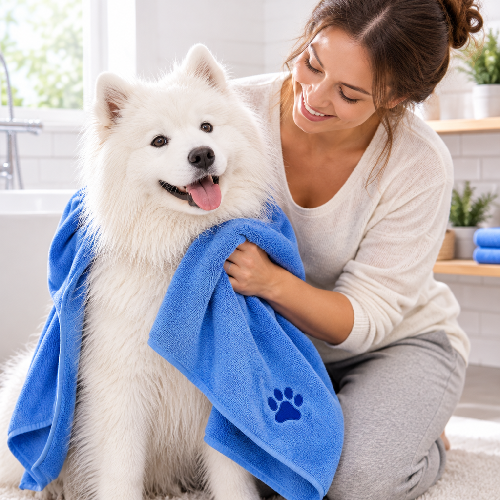 Blue towel - drying a Samoyed in the bathroom
