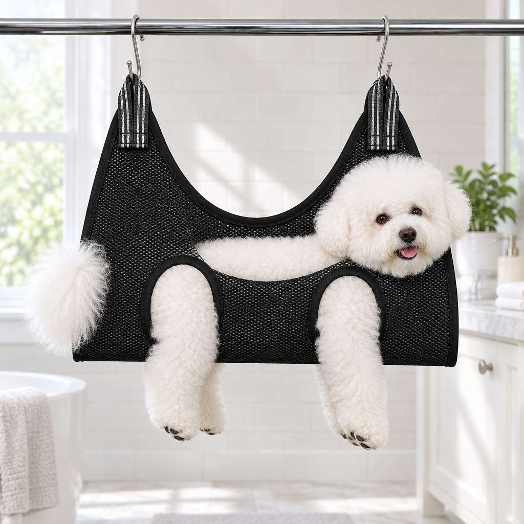 Black sling - Bichon Frise hanging in the black mesh grooming sling, wide view