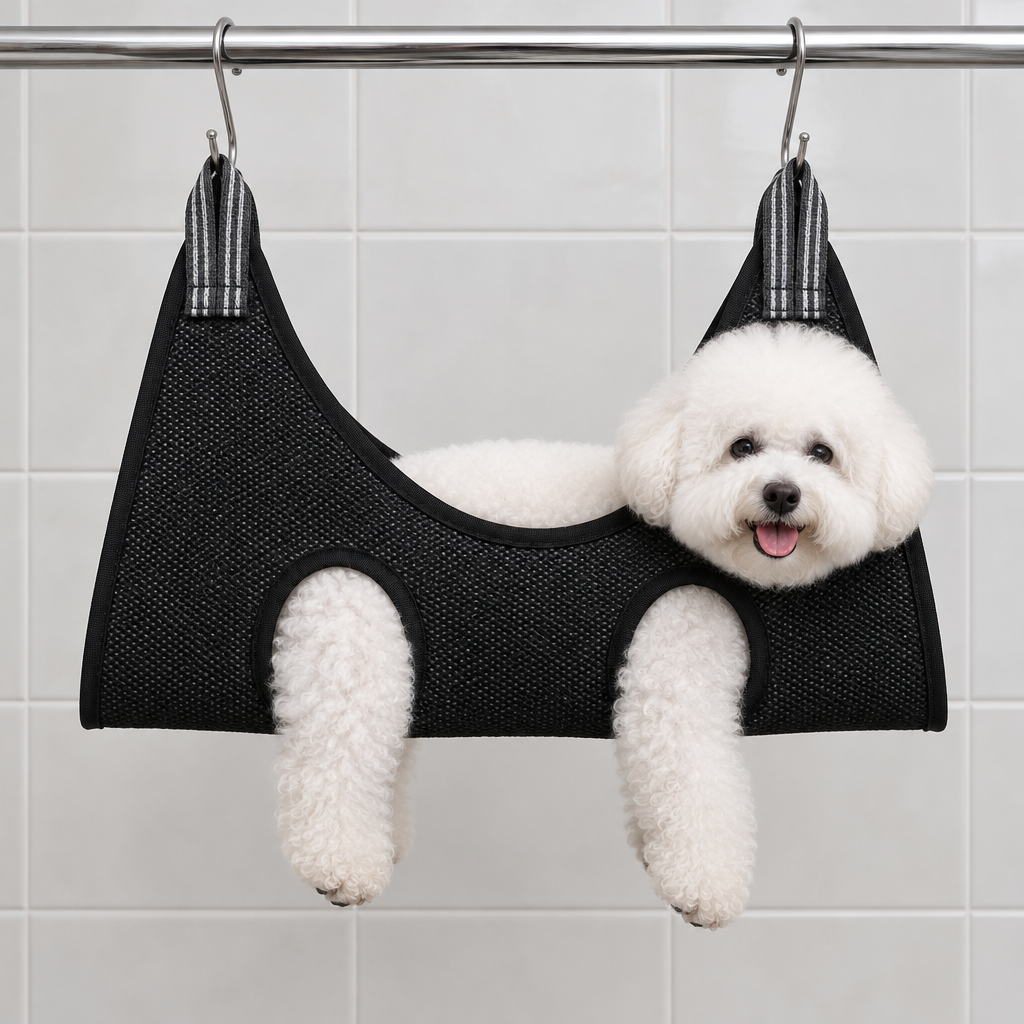 Black sling - Bichon Frise resting sideways in the black mesh grooming sling, front view