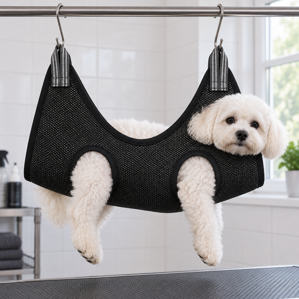 Black sling - small dog resting in the black mesh grooming sling, low angle