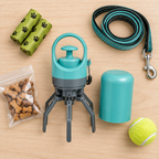 Flat-lay of the pooper scooper with bag rolls, leash and treats