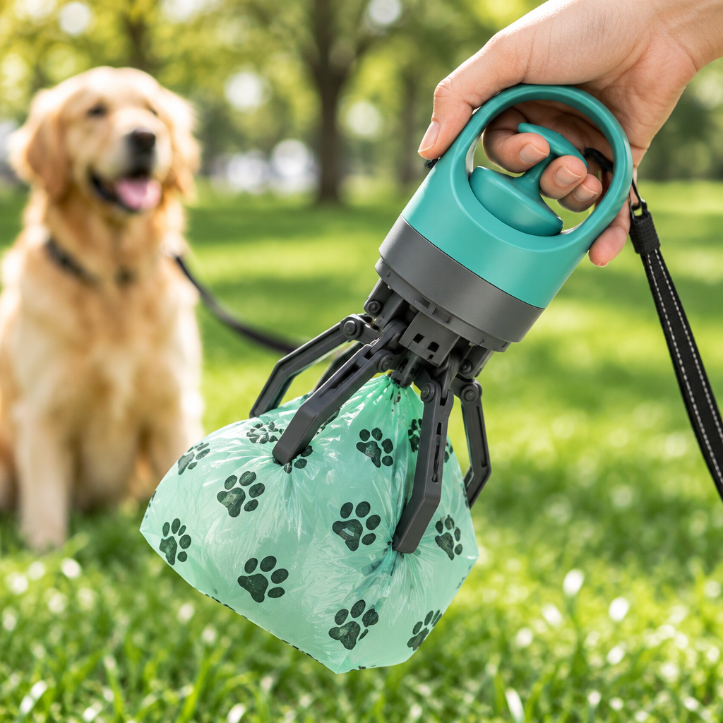 Close-up of the pooper scooper claws gripping a closed bag
