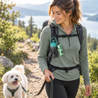 Hiker with small dog and the pooper scooper clipped to a backpack