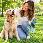 Woman in the park holding the pooper scooper beside her golden retriever
