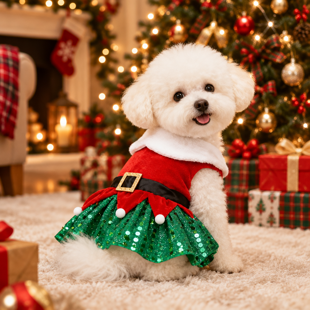 White puppy in the Santa dress in front of a Christmas tree