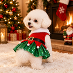 Back view of the Santa dress with green sequin skirt by the fireplace