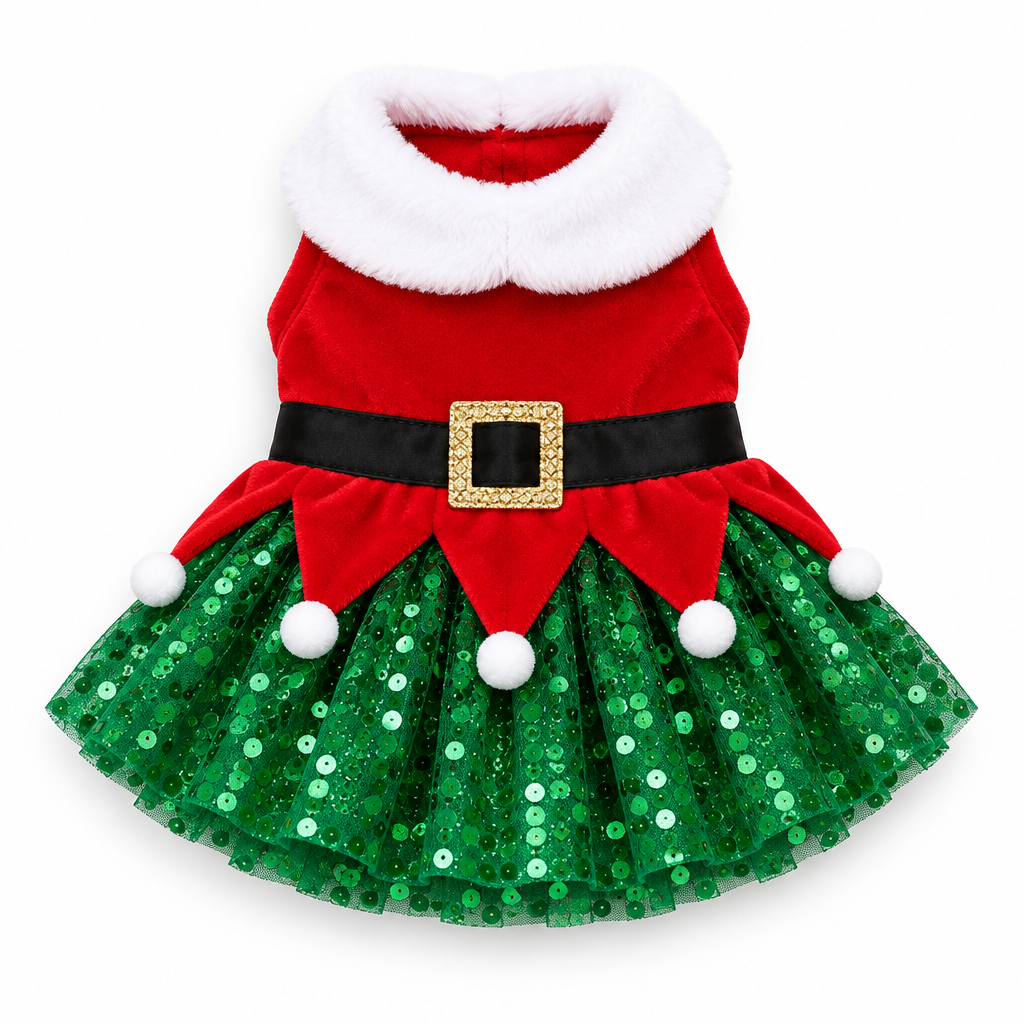 Calivo Santa Pattern Pet Dress laid flat