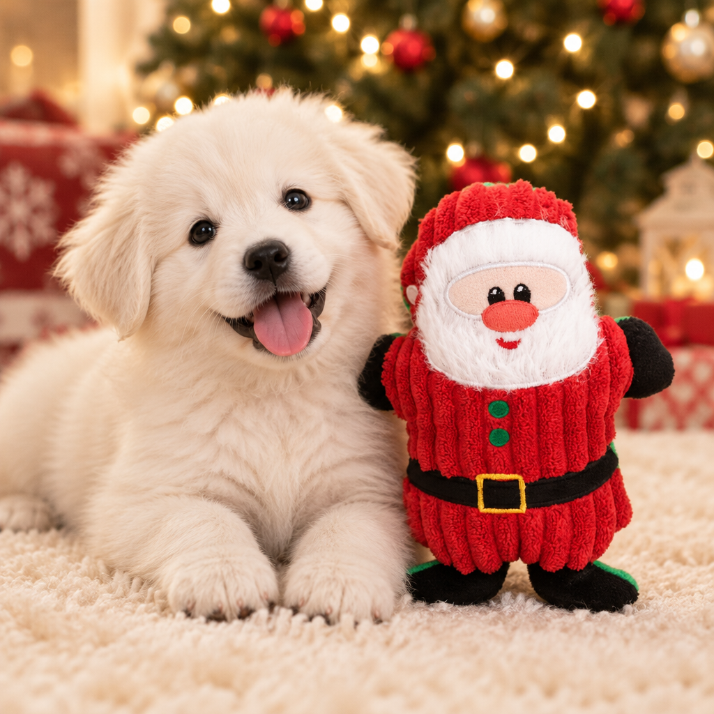White puppy lying beside the Santa plush