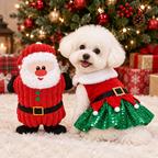 Dog in the Santa dress beside the Santa plush
