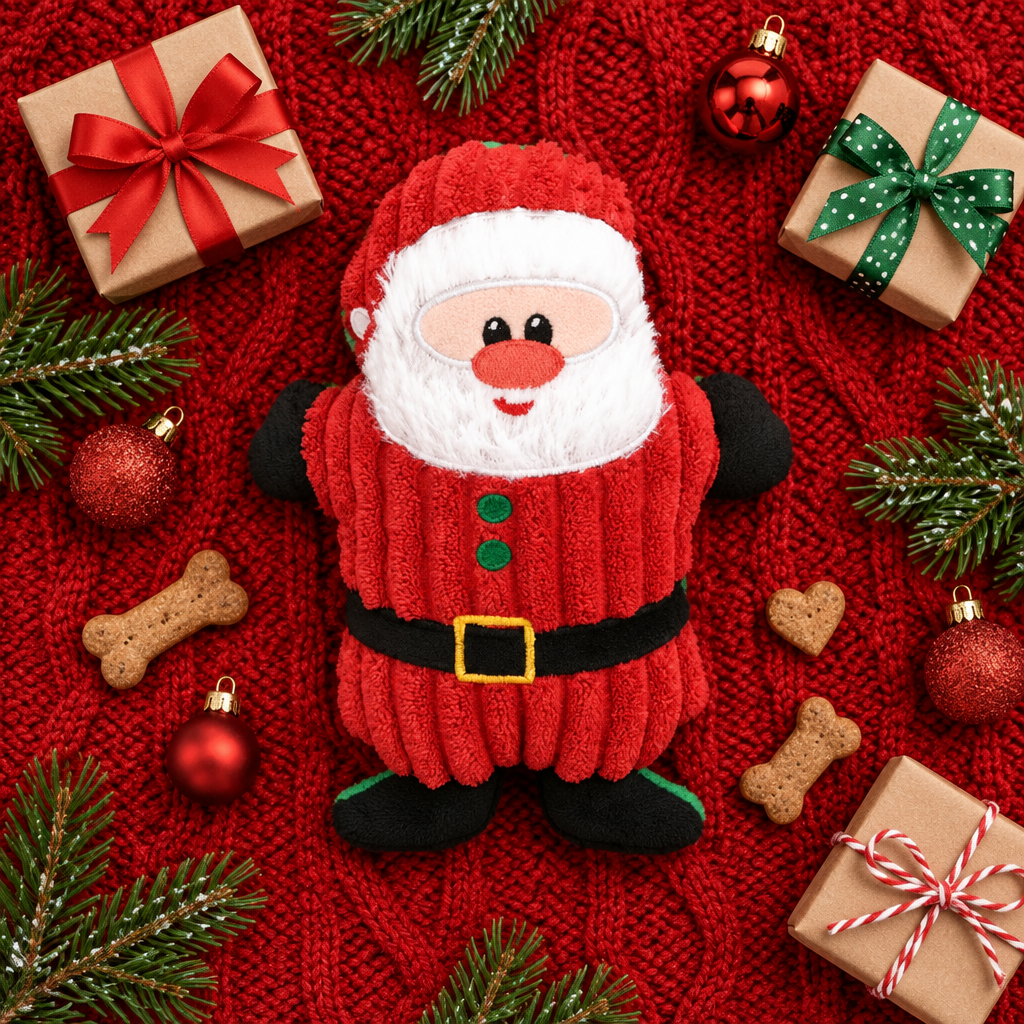 Flat-lay of the Santa plush with gifts and baubles