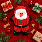 Flat-lay of the Santa plush with gifts and baubles