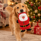 Golden retriever carrying the Santa plush by the Christmas tree