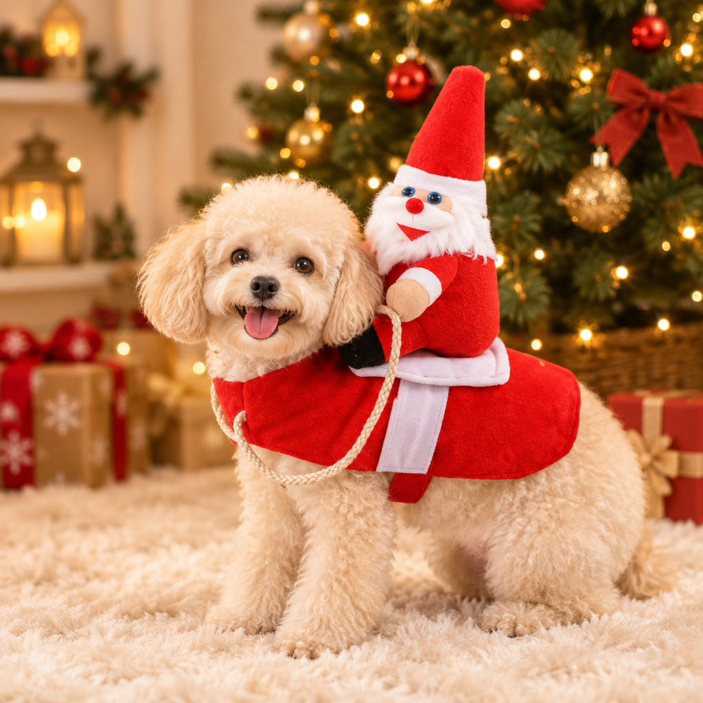 Small poodle in the Santa rider costume