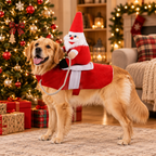 Golden retriever in the Santa rider costume by the Christmas tree
