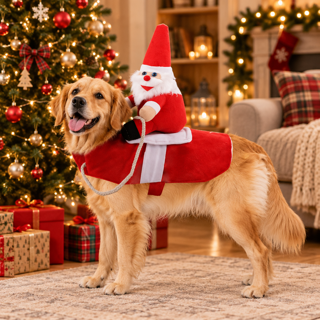 Golden retriever in the Santa rider costume by the Christmas tree