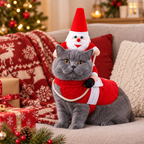 Grey cat in the Santa rider costume on a sofa