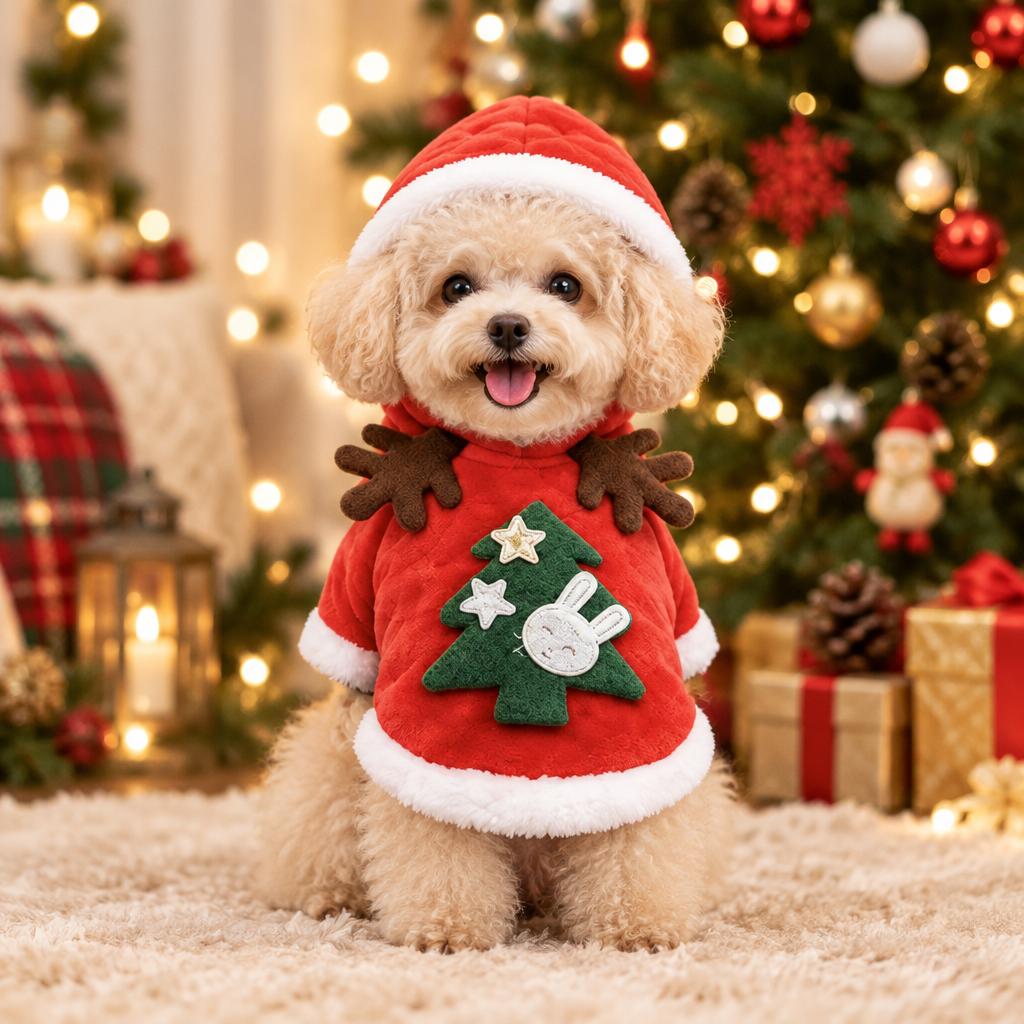 Toy poodle wearing the Santa Tree Hoodie
