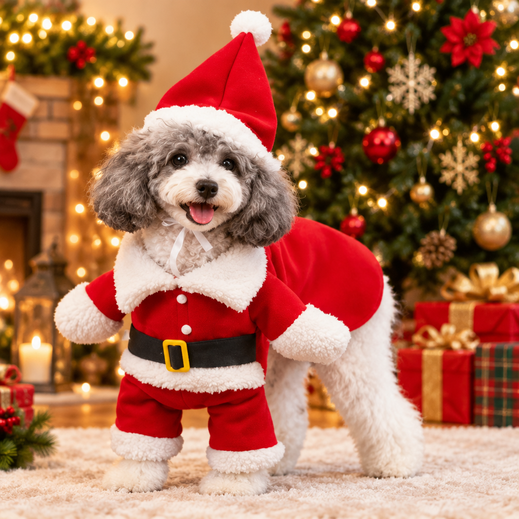 Poodle wearing the Santa Suit costume